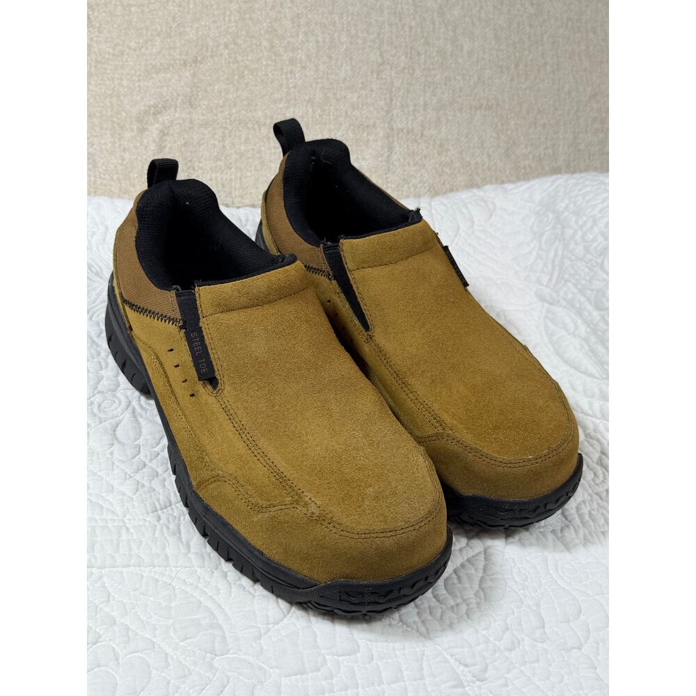 Brazos Men's 10D Steel Toe Slip On Tan Work Safety Leather Shoes Durable Comfort